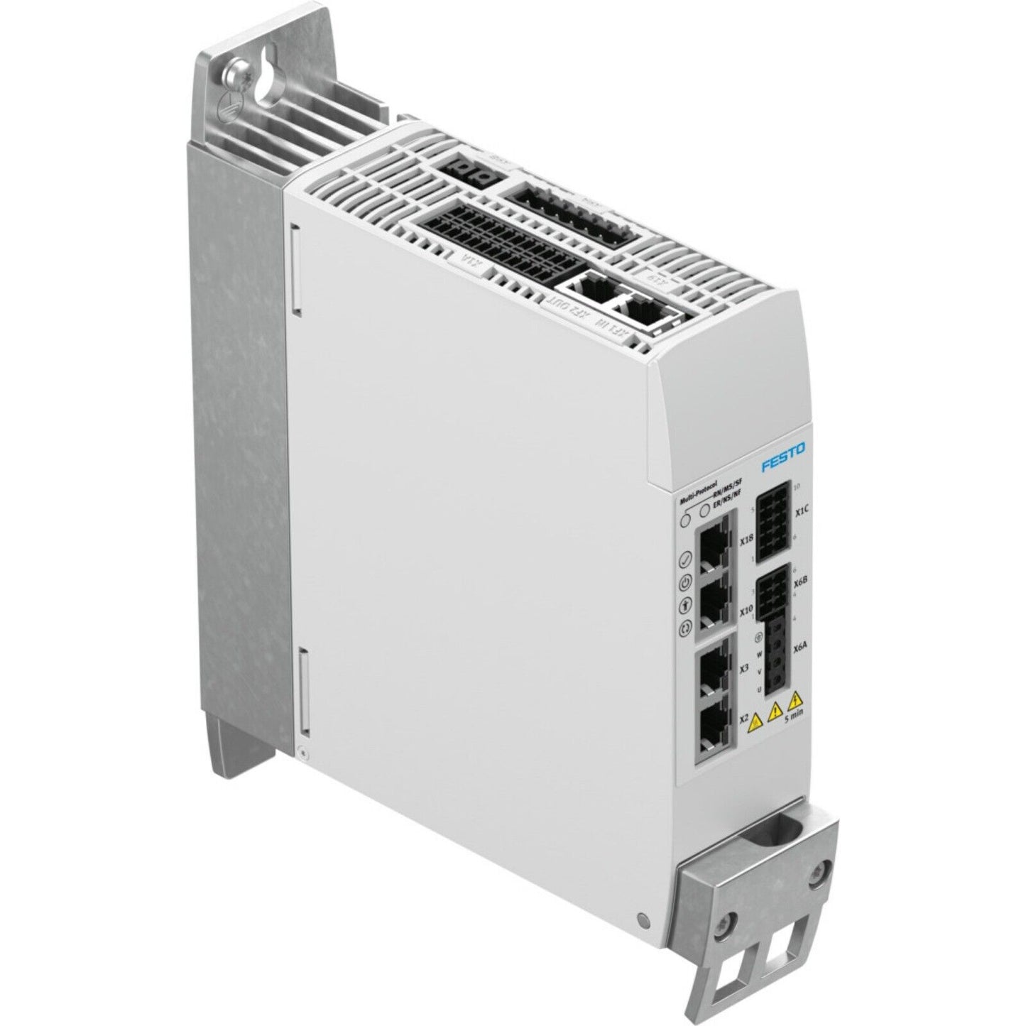 Festo CMMT-AS-C2-3A-PN-S1 Servo Drive. Industrial automation part with multiple ports and labels.