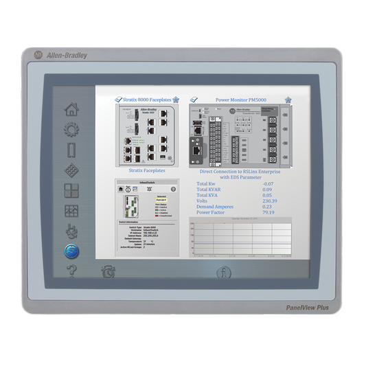 Allen-Bradley PanelView Plus showing Stratix 8000 Faceplates, Power Monitor PM5000, and network information.