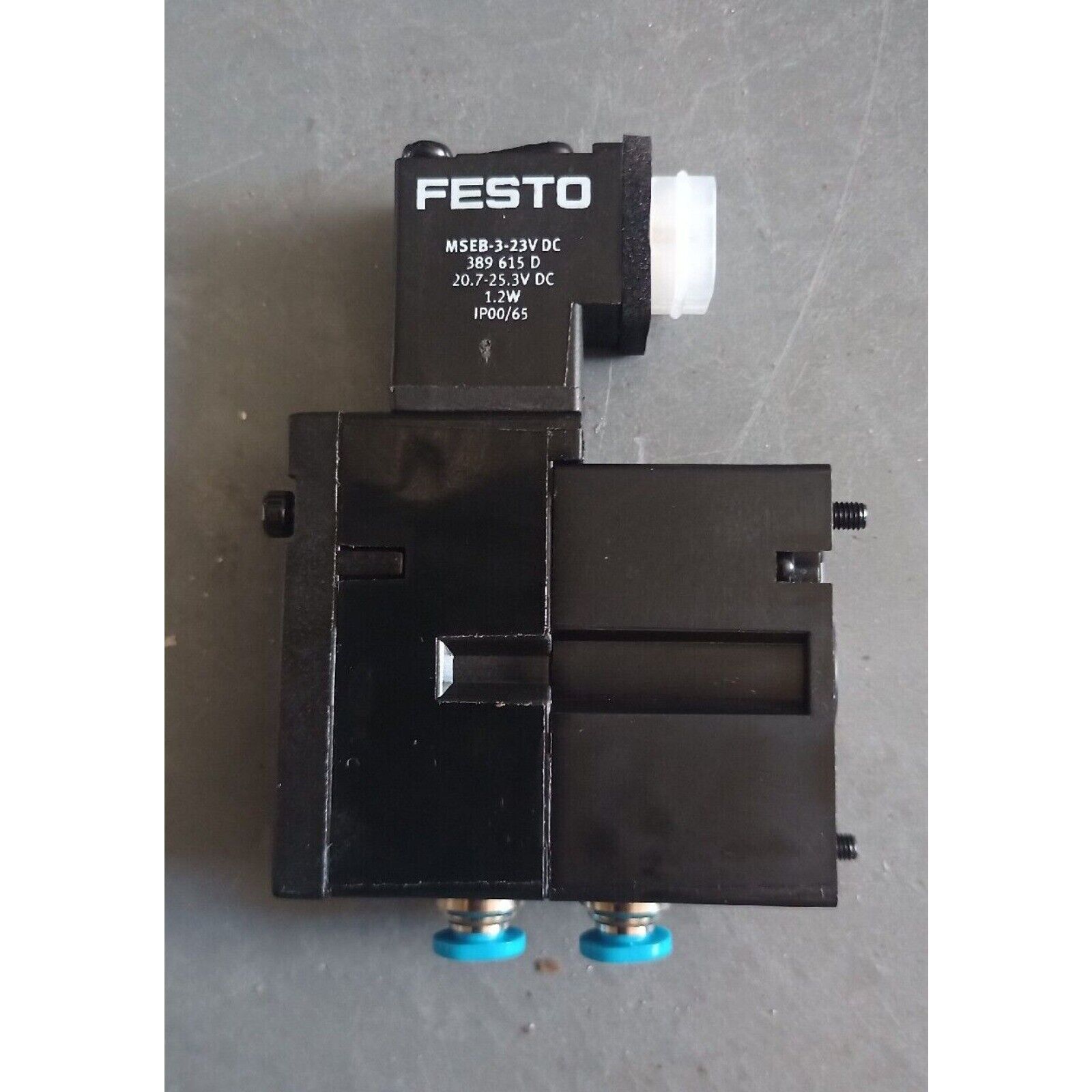 Festo MSEB-3-23V DC Solenoid Valve. Black valve with blue connectors.