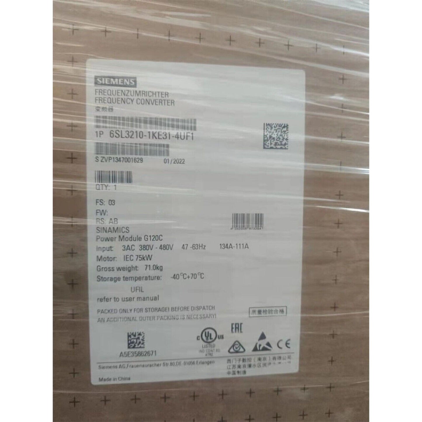Siemens SINAMICS G120C Power Module 6SL3210-1KE31-4UF1 box, industrial automation part