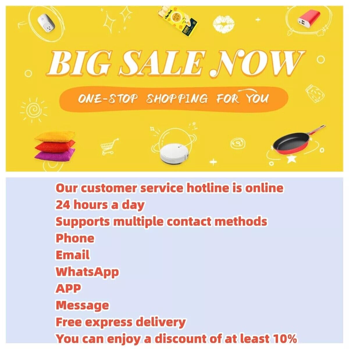 Big Sale Now banner with shopping cart, various products, and customer service information, featuring a discount.