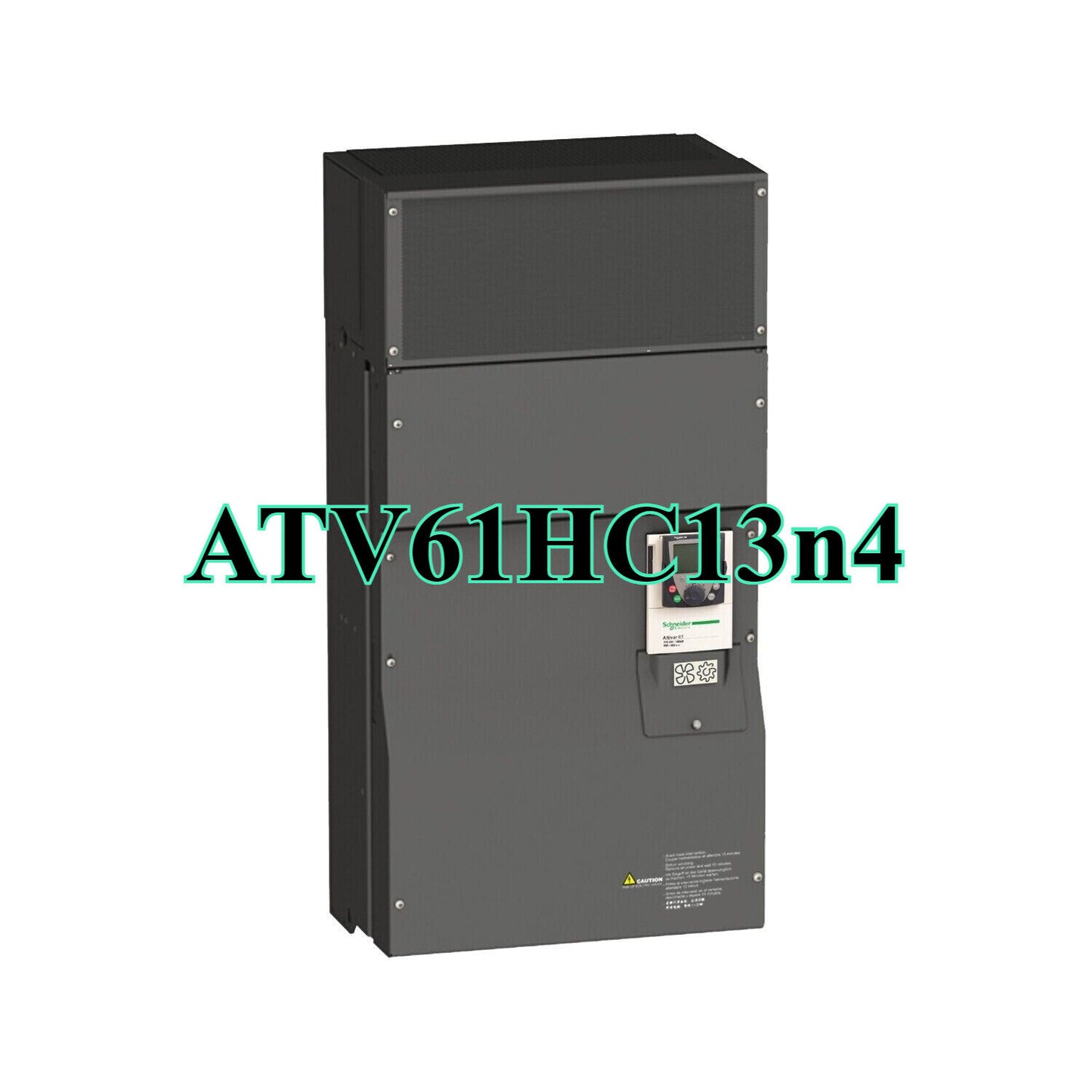 Schneider ATV61HC13N4 VFD drive, grey metal housing, control panel visible, industrial automation equipment.
