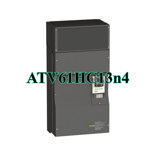 Schneider ATV61HC13N4 VFD drive, grey metal housing, control panel visible, industrial automation equipment.