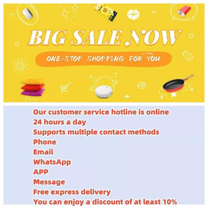 Big Sale Now banner with multiple product icons and customer service information, including discount.