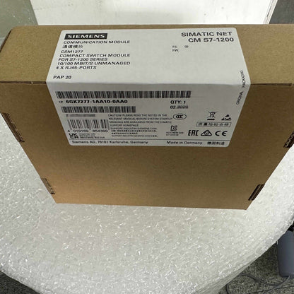 Siemens SIMATIC NET CM S7-1200 CSM1277 Compact Switch Module packaging, 6GK7277-1AA10-0AA0, PROFINET and Ethernet cabling.