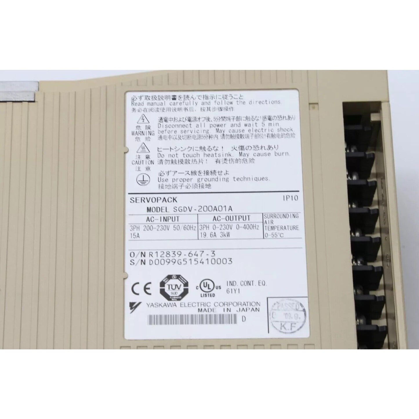 YASKAWA ServoPack SGDV-200A01A Servo Drive, industrial automation part with warning labels and specifications, Made in Japan