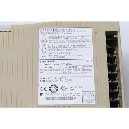 YASKAWA ServoPack SGDV-200A01A Servo Drive, industrial automation part with warning labels and specifications, Made in Japan
