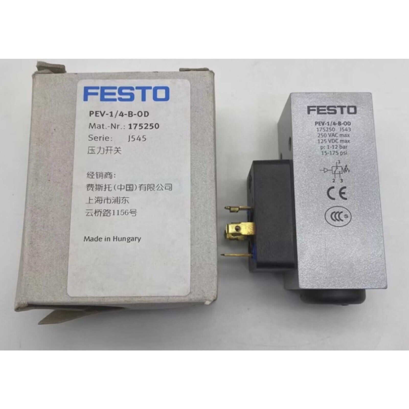 Festo PEV-1/4-B-OD pressure switch, industrial automation component, model 175250, Made in Hungary.