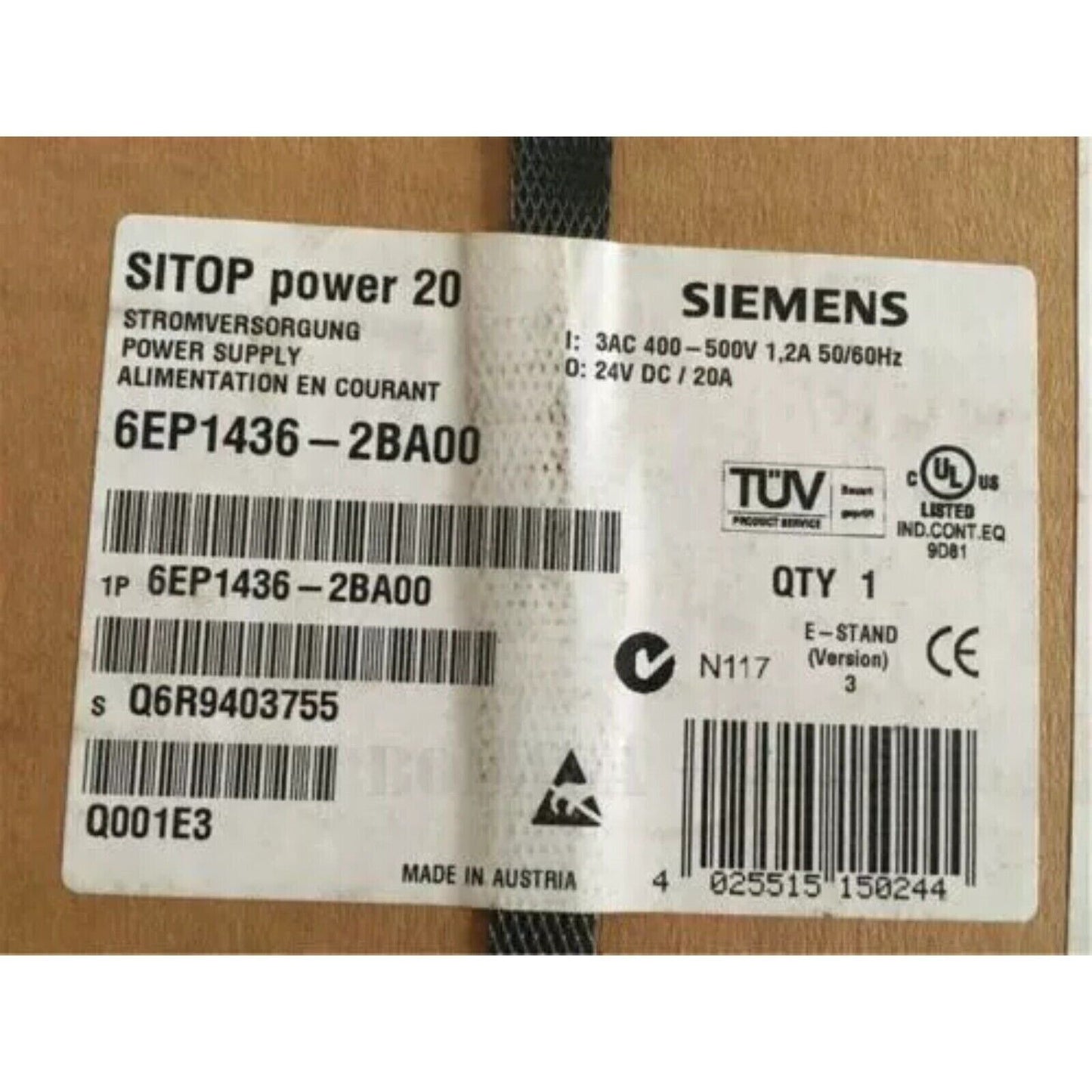Siemens SITOP Power 20, 6EP1436-2BA00 power supply label, 24V DC / 20A, industrial automation part