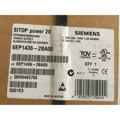 Siemens SITOP Power 20, 6EP1436-2BA00 power supply label, 24V DC / 20A, industrial automation part