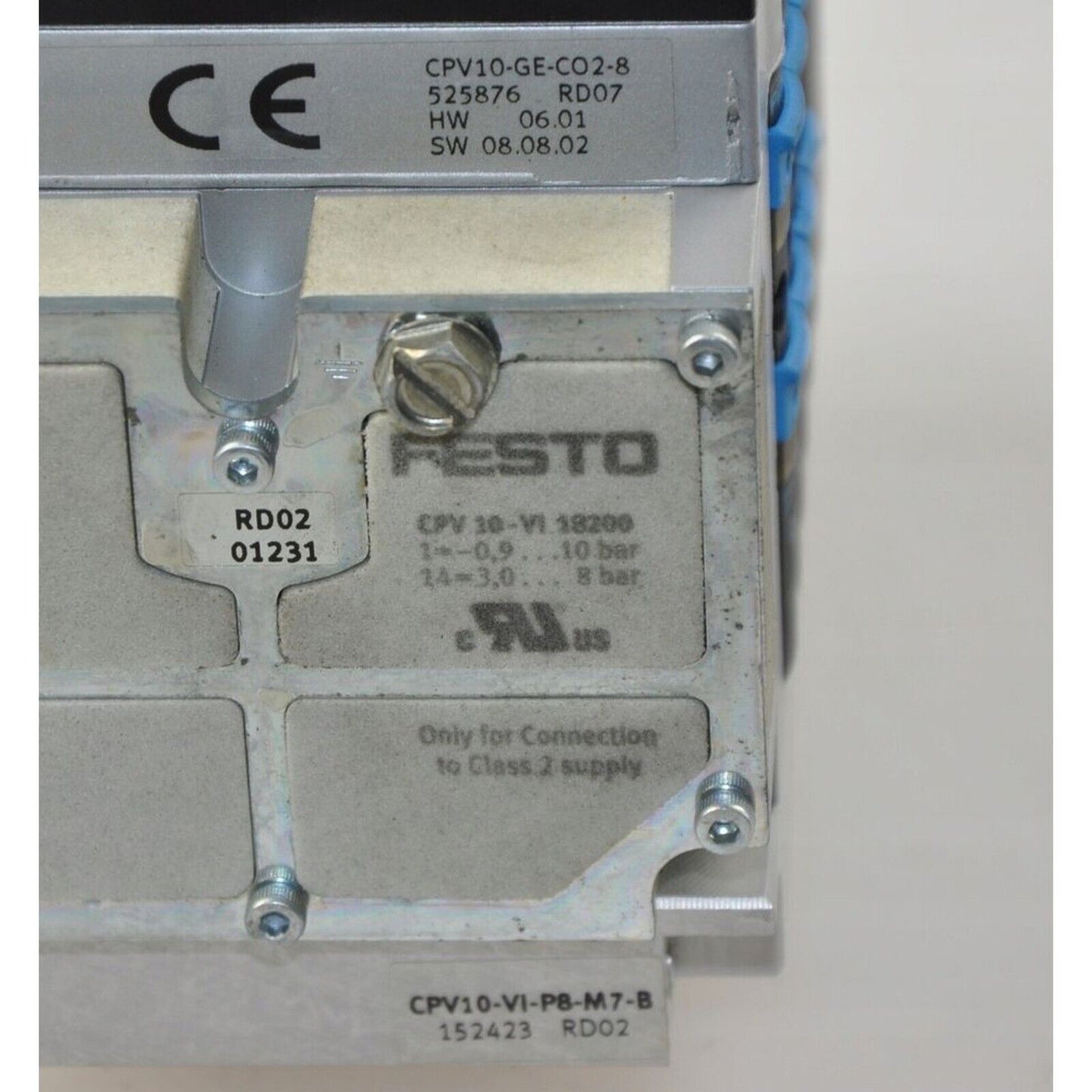 FESTO CPV10-GE-CO2-8 Controller, industrial automation part, CE marking, RD02 label, and various specifications.
