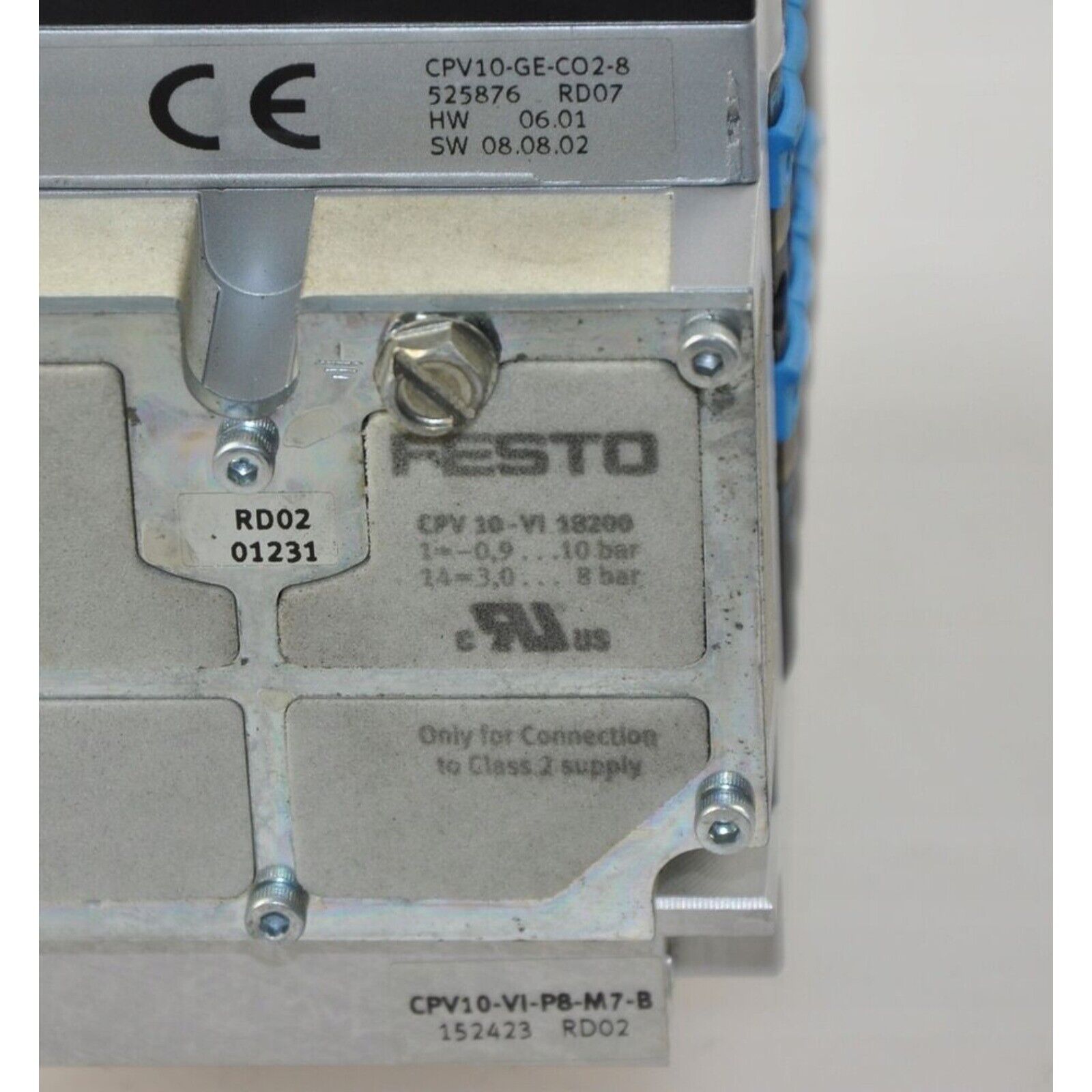 FESTO CPV10-GE-CO2-8 Controller, industrial automation part, CE marking, RD02 label, and various specifications.