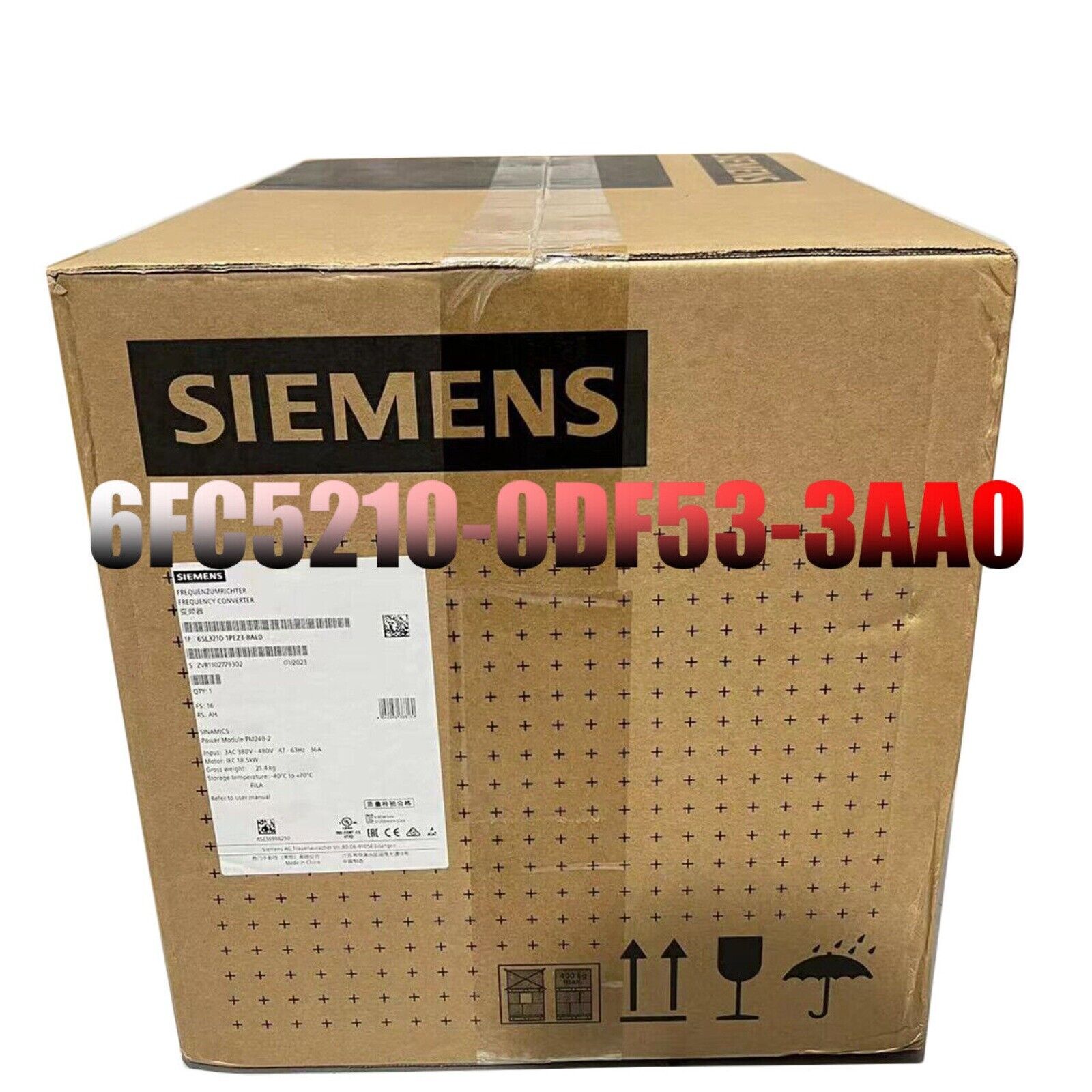 Siemens 6FC5210-0DF53-3AA0 industrial automation part in shipping box, frequency converter product.