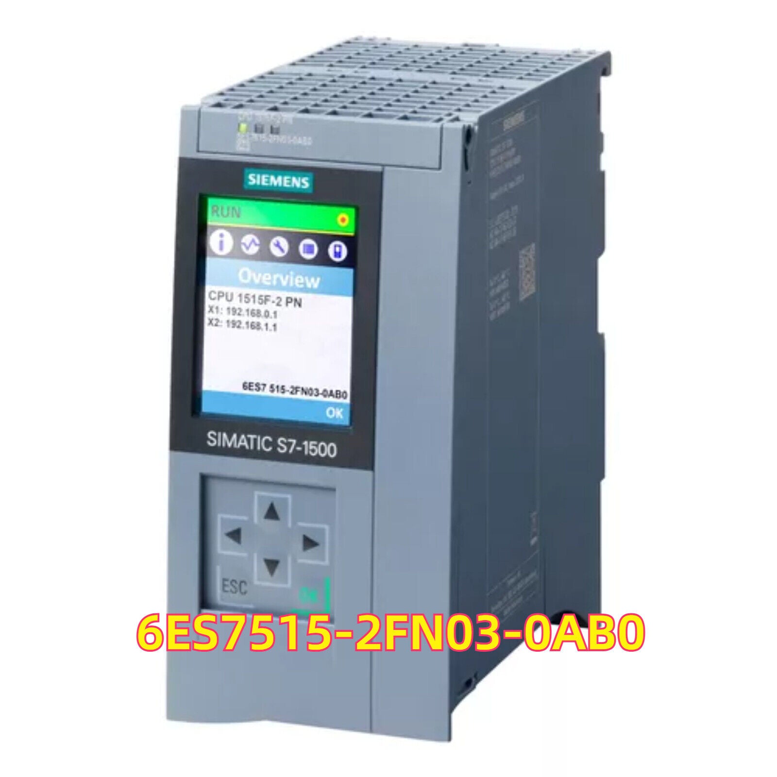 Siemens S7-1500 PLC, model 6ES7515-2FN03-0AB0. Industrial automation controller with screen displaying overview.