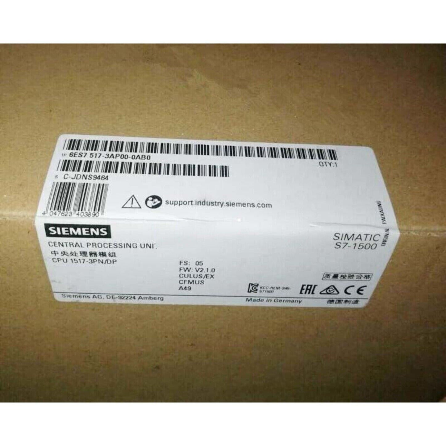 Siemens S7-1500 CPU 1517-3PN/DP product packaging, view from above, featuring product details.