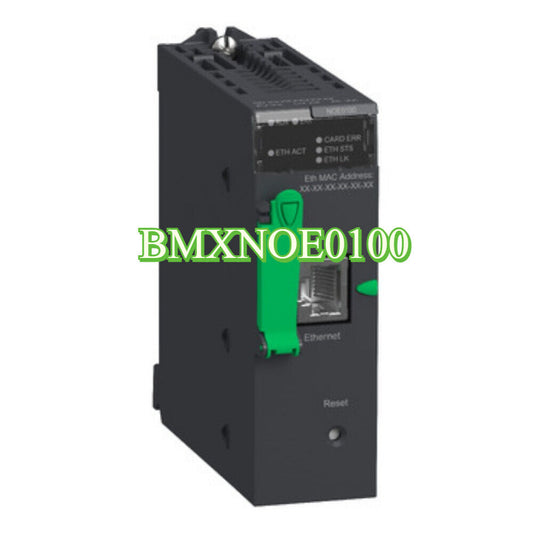 BMXNOE0100 Ethernet module for Modicon M340 PLC. Features Ethernet port, DIN rail mounting and LED indicators.