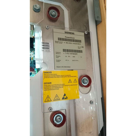 Siemens 6SL3352-1AG35-8EA1 Power Block. Industrial automation part with safety warnings and specifications.
