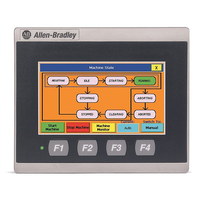 Allen-Bradley PanelView 800 HMI showing machine state, with touchscreen and function keys.