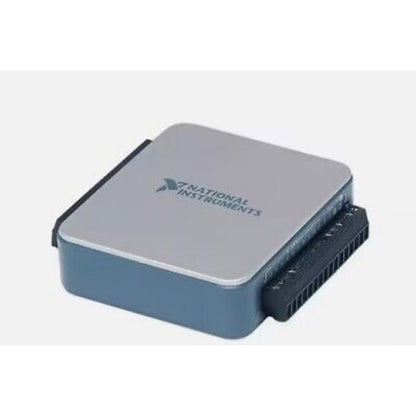 National Instruments USB-6001 Multifunction I/O Device. Silver and blue device with black connector.
