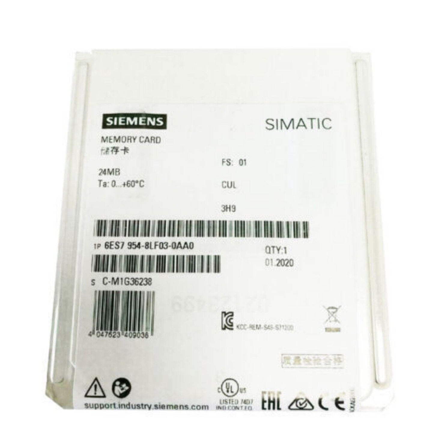 Siemens SIMATIC 24MB Memory Card 6ES7 954-8LF03-0AA0, white with black text, for S7-300/400/1200/1500 PLC systems
