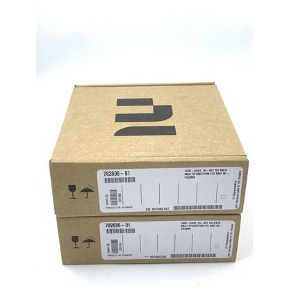 National Instruments USB-6002 DAQ box, beige cardboard packaging with labels, product of Hungary.