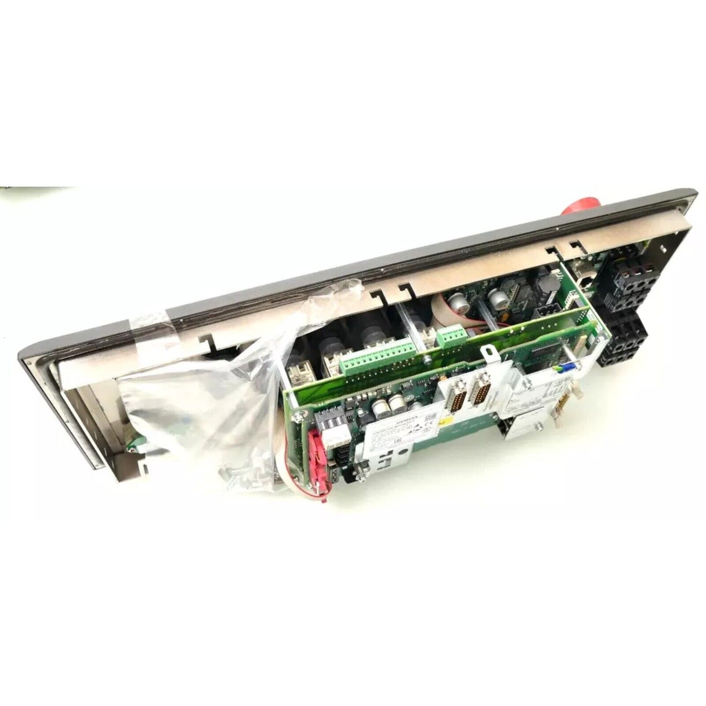 Siemens 6FC5303-1AF10-8AA0 Push Button Panel. Industrial control panel with circuit boards and emergency stop.