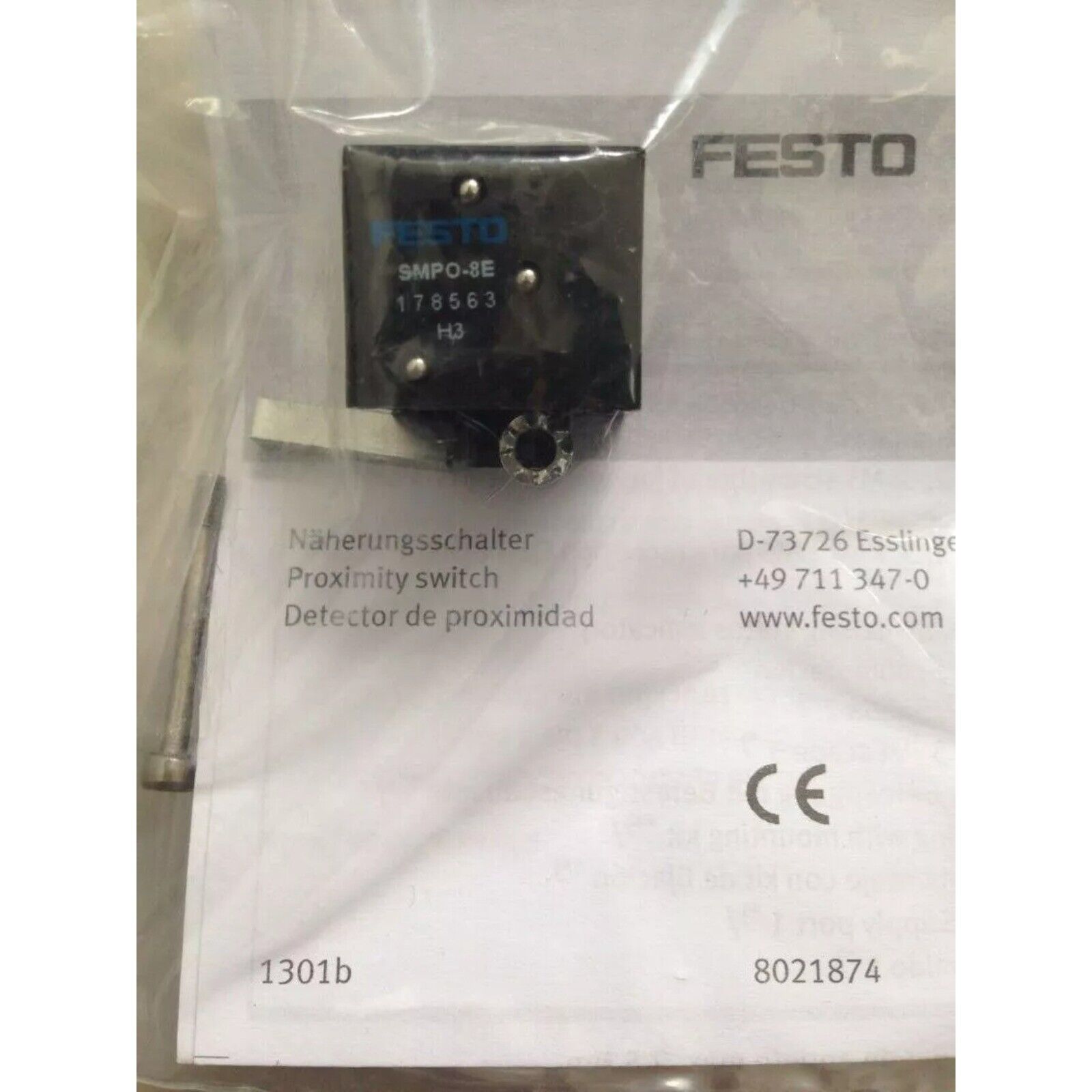 Festo SMPO-8E Proximity Sensor. Industrial automation part with product information.
