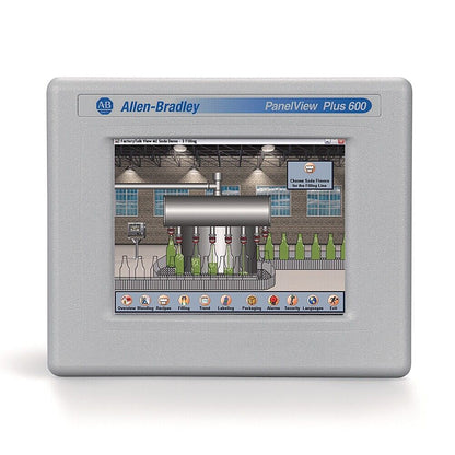 Allen-Bradley PanelView Plus 600 graphic terminal displaying a soda filling line interface.