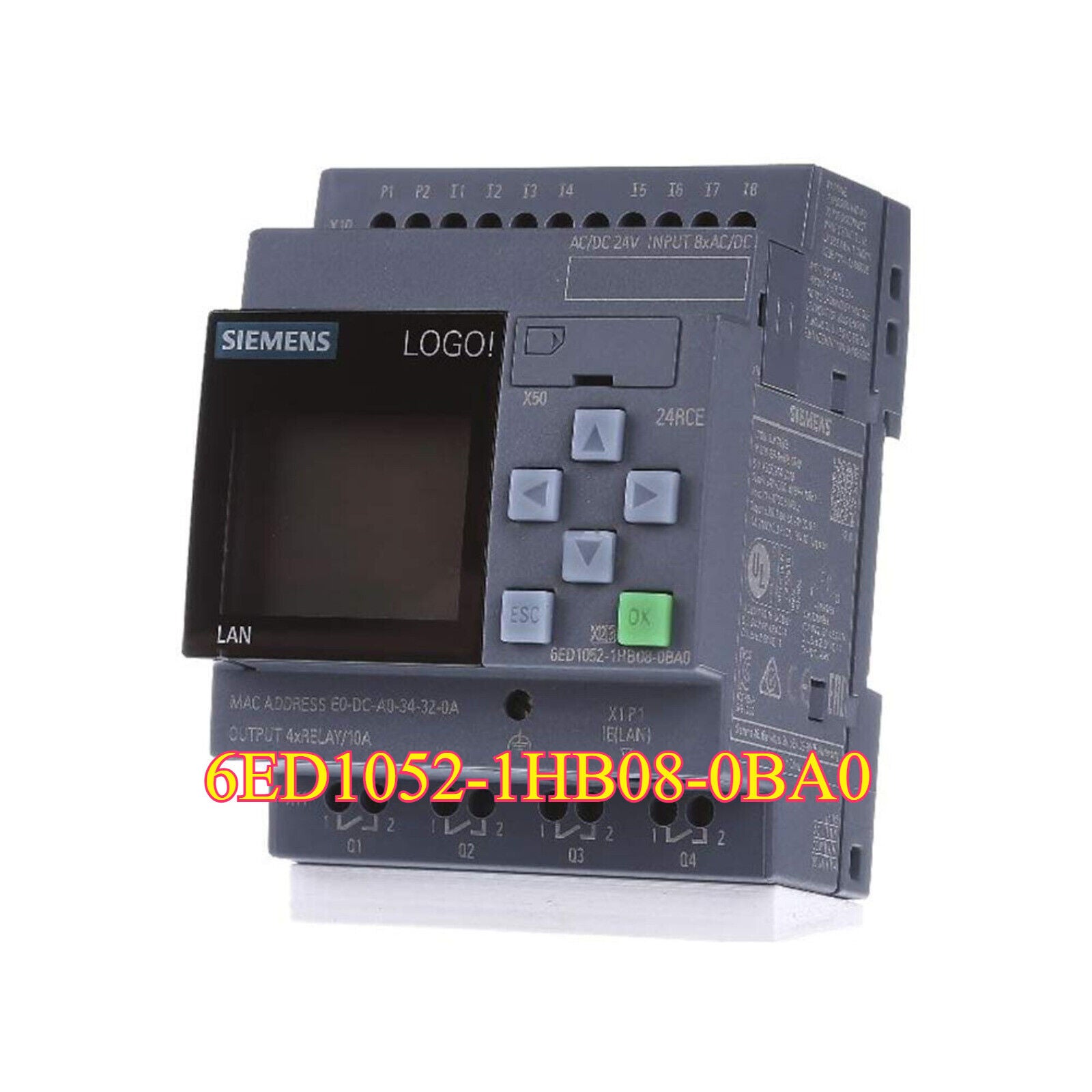 Siemens 6ED1052-1HB08-0BA0 LOGO! logic module with display and control buttons for industrial automation.