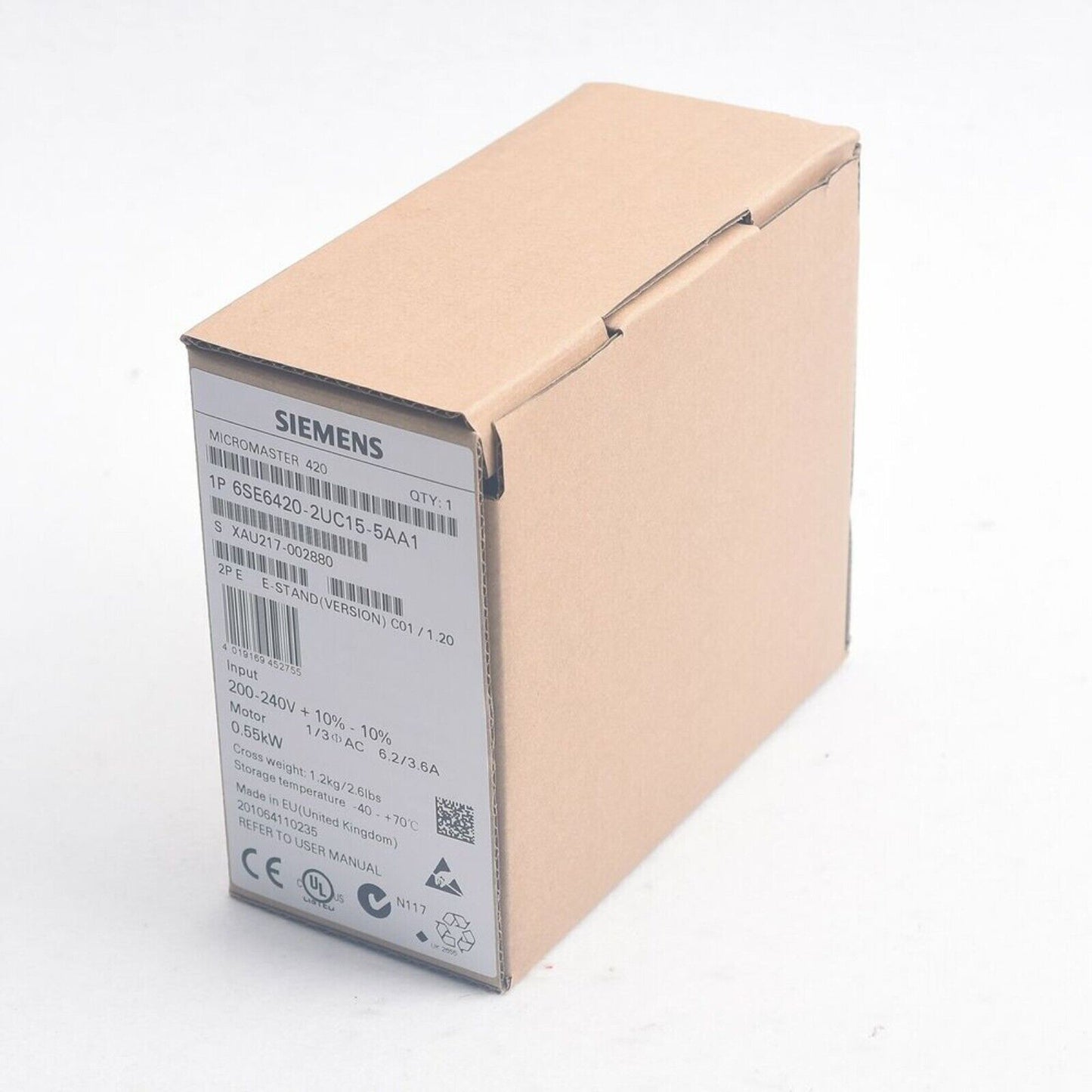 Siemens MICROMASTER 420 VFD in cardboard box, model 6SE6420-2UC15-5AA1, industrial automation part