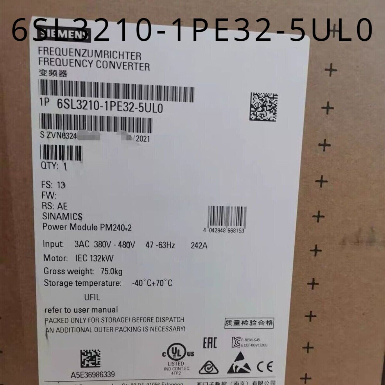 Siemens SINAMICS G120 Power Module PM240-2 Label 6SL3210-1PE32-5UL0, Industrial Automation Parts