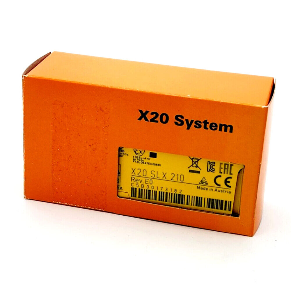 B&R X20 SLX210 I/O Module in its orange box, labeled with product information and Made in Austria.