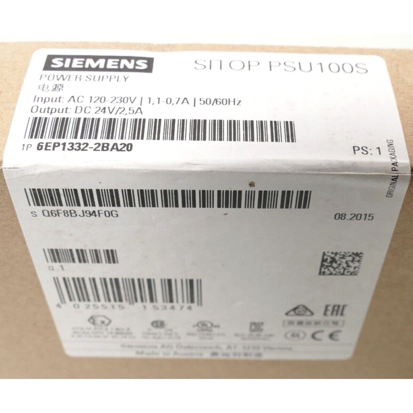 Siemens SITOP PSU100S power supply unit, model 6EP1332-2BA20, white label, industrial power supply.