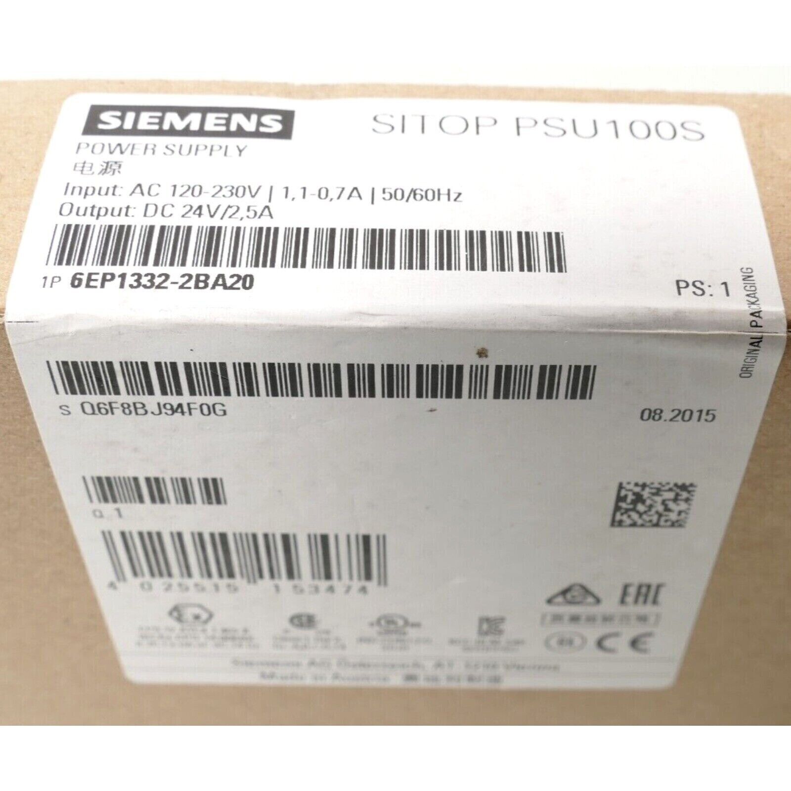 Siemens SITOP PSU100S power supply unit, model 6EP1332-2BA20, white label, industrial power supply.