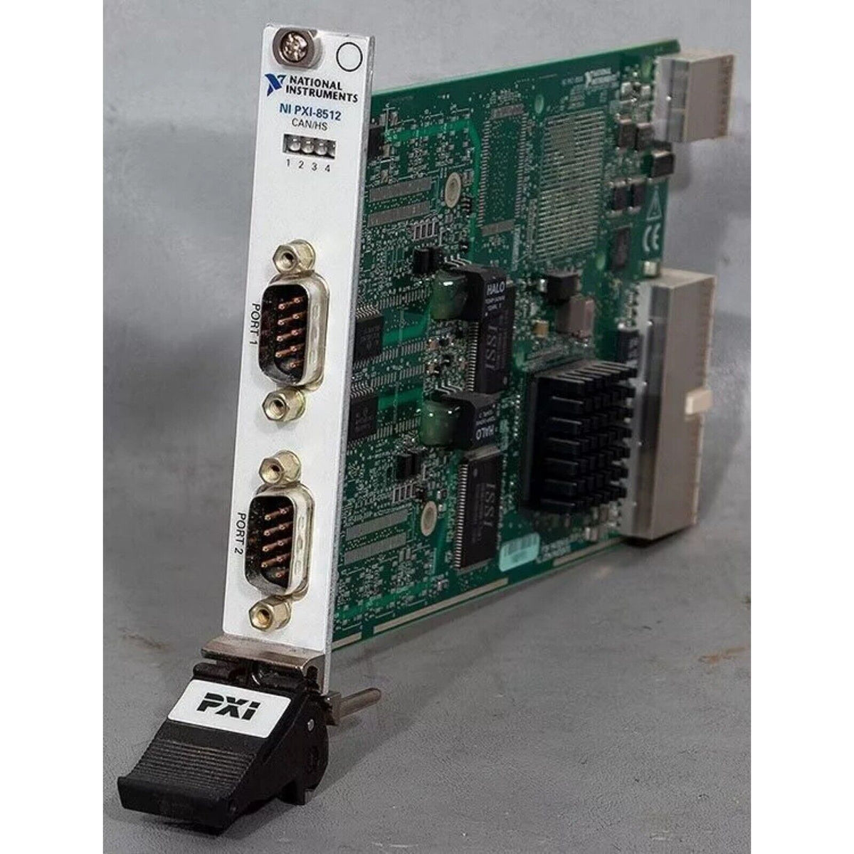 National Instruments PXI-8512 CAN/HS module, front view. Features ports, connectors, and PXI interface.