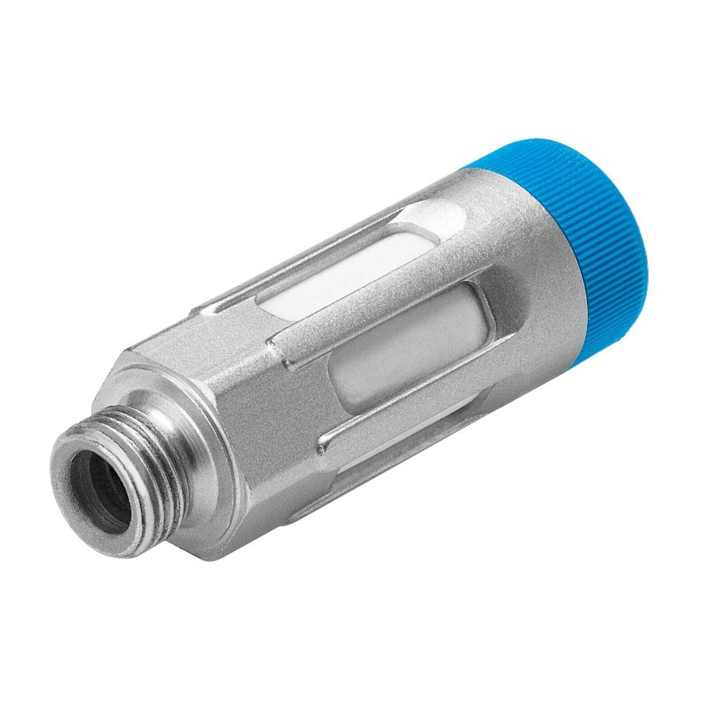Festo GRU-1/2-B flow control/muffler. Silver and blue pneumatic component for industrial automation.