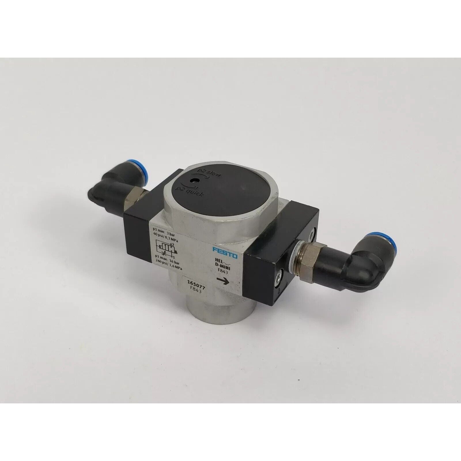 Festo HEL-1/4-D-MINI On/Off Valve, Industrial Automation Part, featuring flow settings and pressure details.