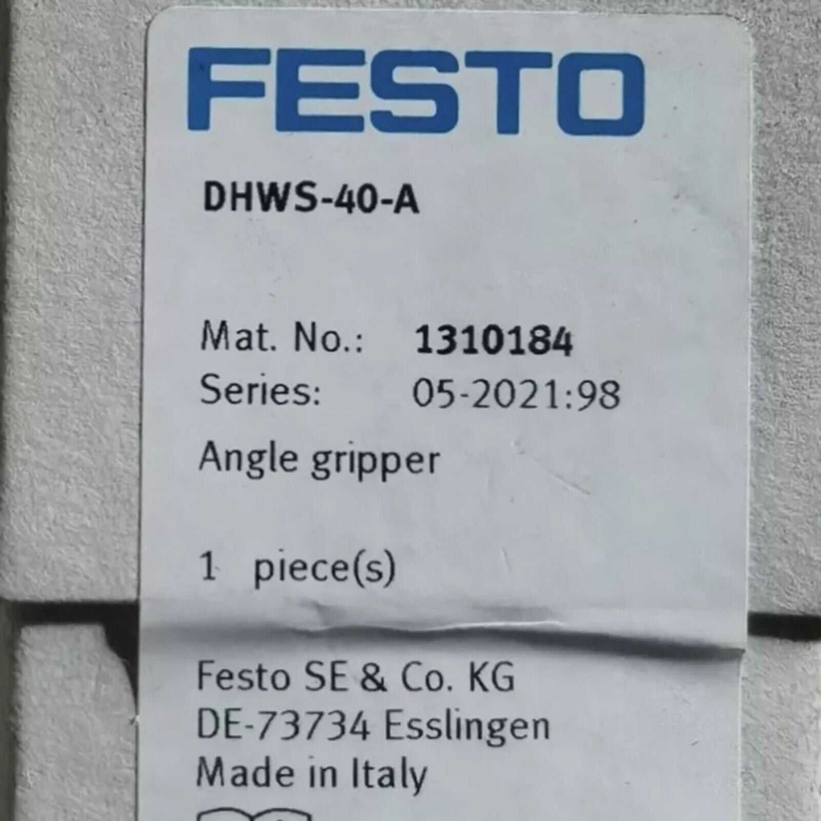 FESTO DHWS-40-A angle gripper product label, part number 1310184, industrial automation component.