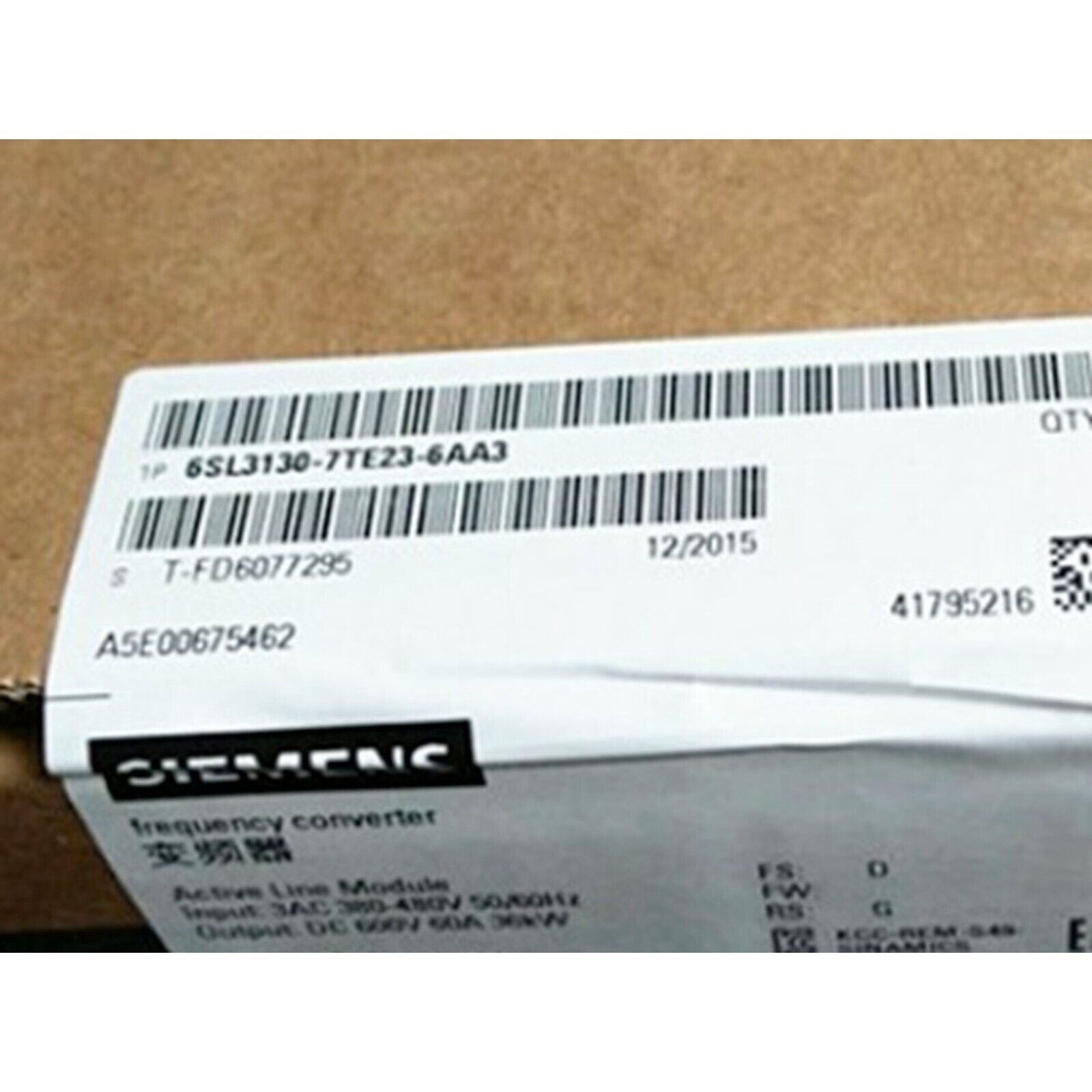 Siemens SINAMICS S120 6SL3130-7TE23-6AA3 label on box, Active Line Module product details, industrial automation part
