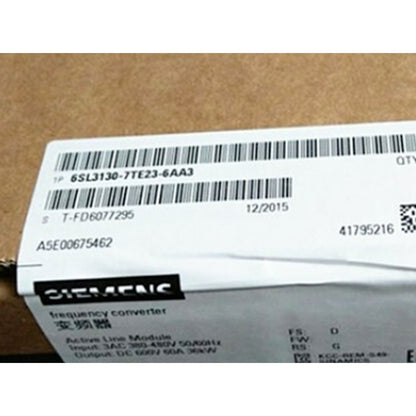 Siemens SINAMICS S120 6SL3130-7TE23-6AA3 label on box, Active Line Module product details, industrial automation part