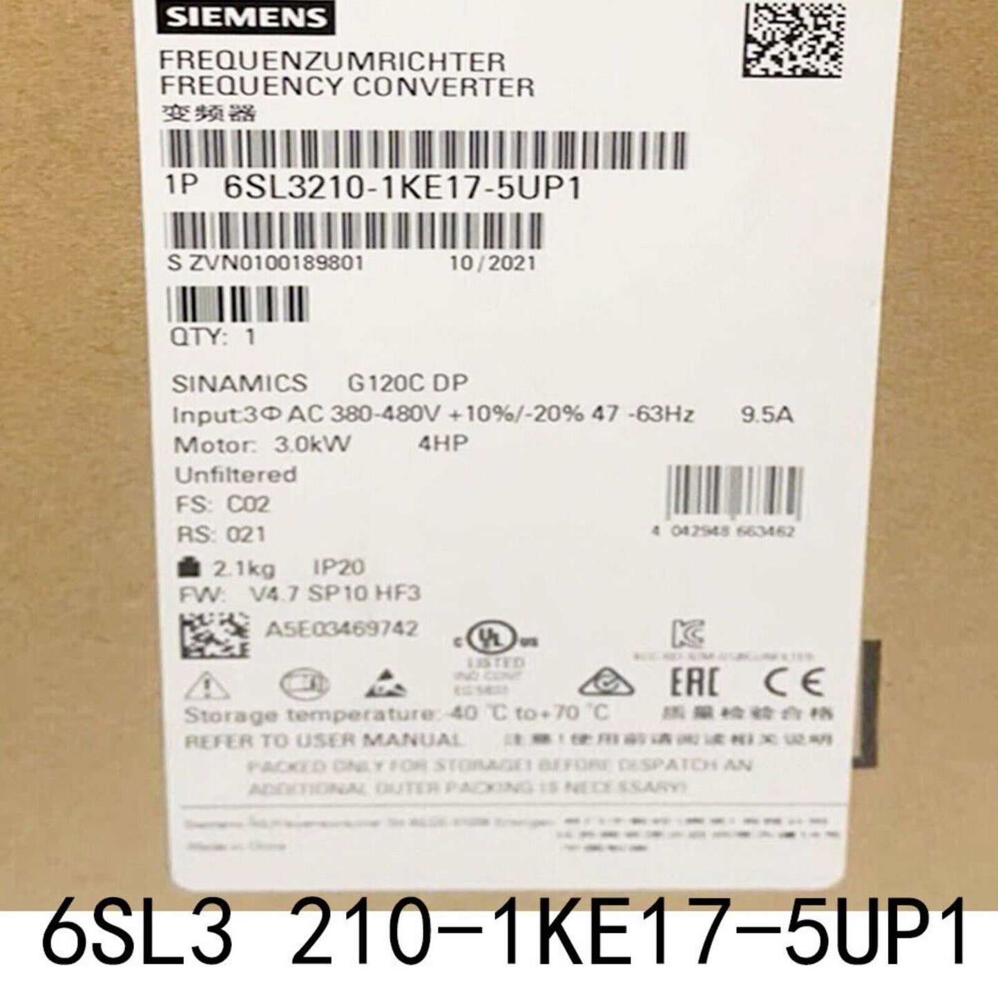 PLC | Siemens | 6SL3 210-1KE17-5UP1 6SL3210-1KE17-5UP1 SINAMICS G120C Rated Power