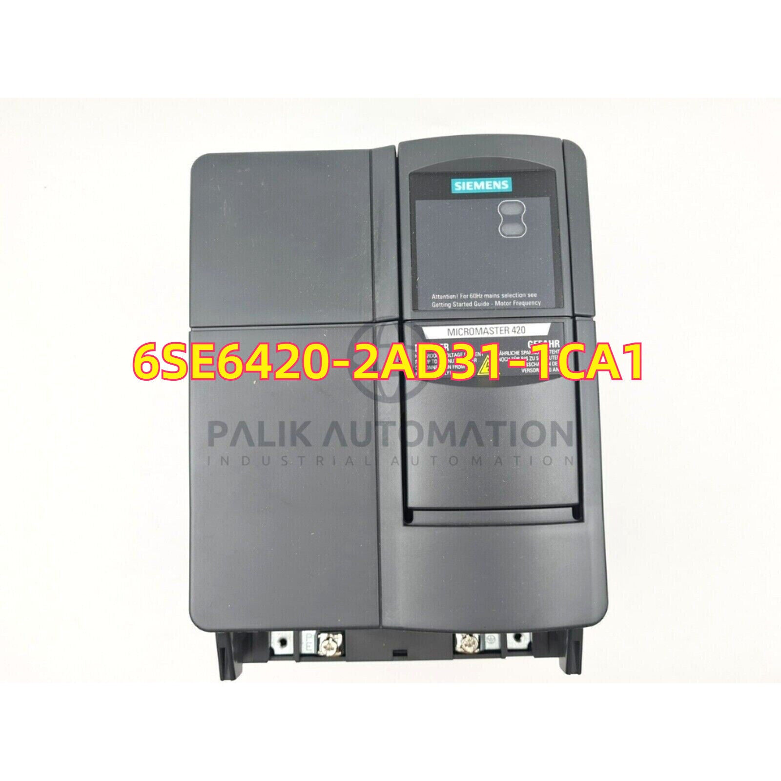 Siemens MICROMASTER 420 6SE6420-2AD31-1CA1 industrial automation part with Palik Automation logo, gray.