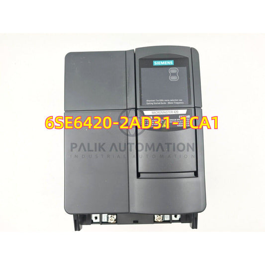 Siemens MICROMASTER 420 6SE6420-2AD31-1CA1 industrial automation part with Palik Automation logo, gray.