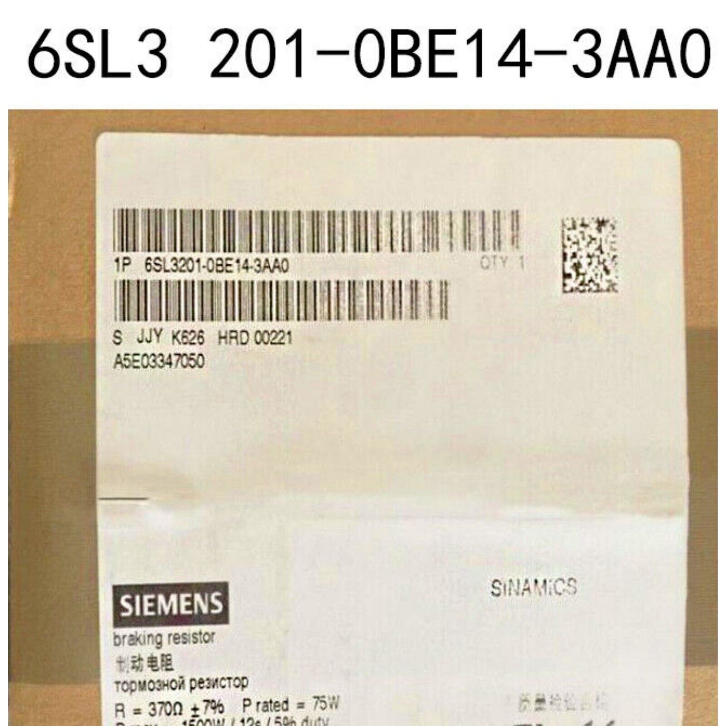 Siemens SINAMICS 6SL3201-0BE14-3AA0 braking resistor label. Industrial automation part with barcode and product info.