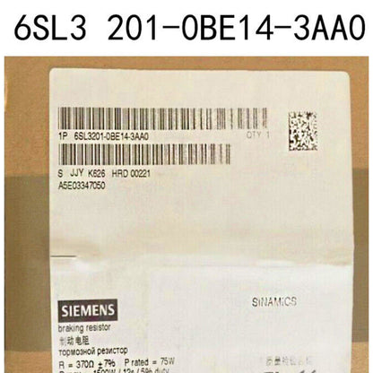 Siemens SINAMICS 6SL3201-0BE14-3AA0 braking resistor label. Industrial automation part with barcode and product info.