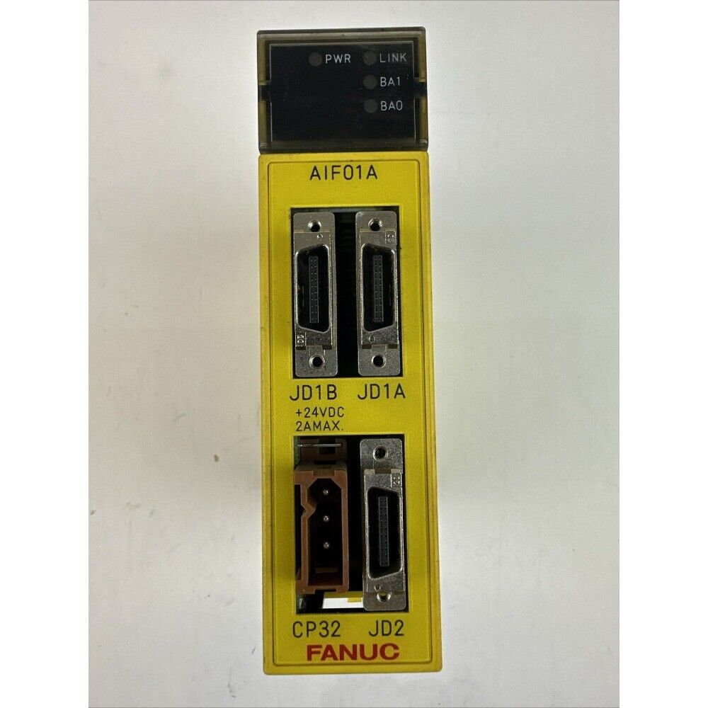 FANUC A03B-0819-C011 I/O Interface Module AIF01A. Industrial automation part in yellow with multiple ports and labels.