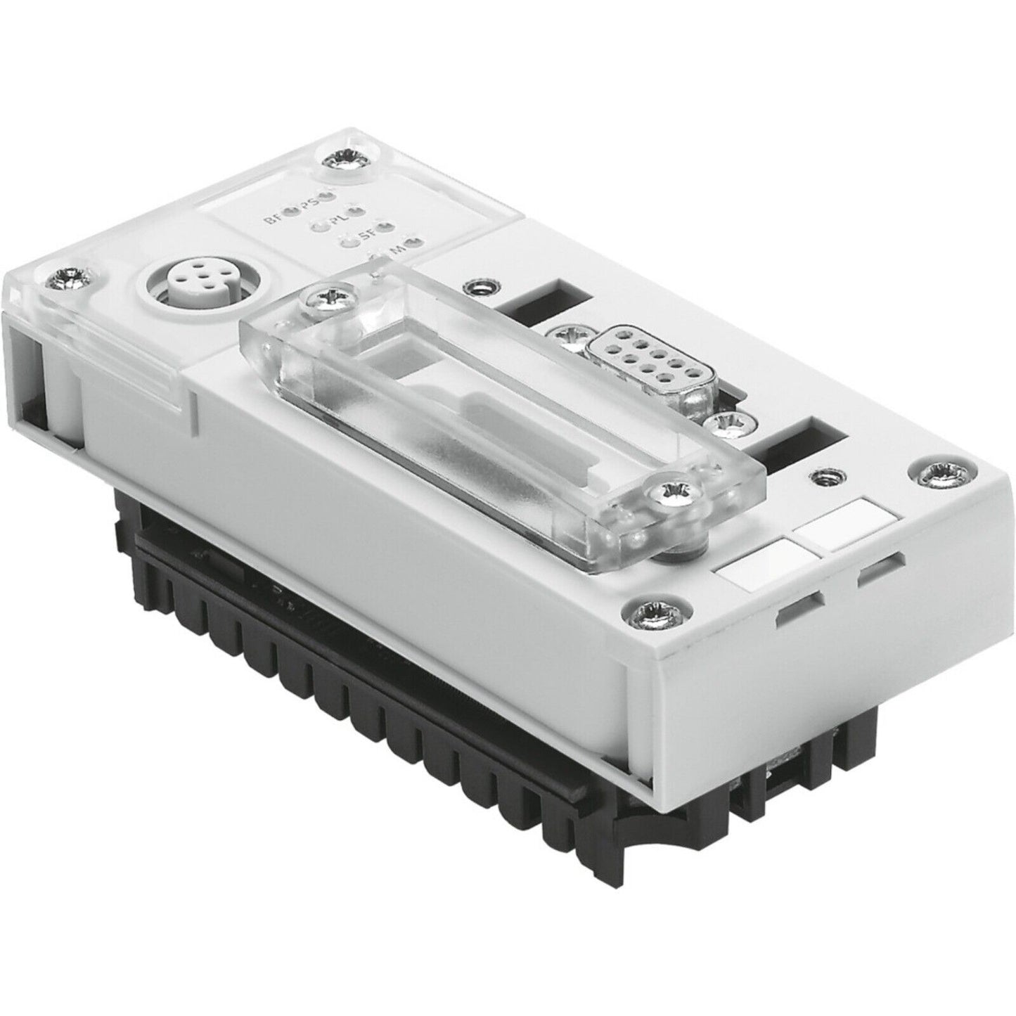 Festo CPX-FB13 Bus node, industrial automation part, white plastic enclosure, clear cover and black connector.