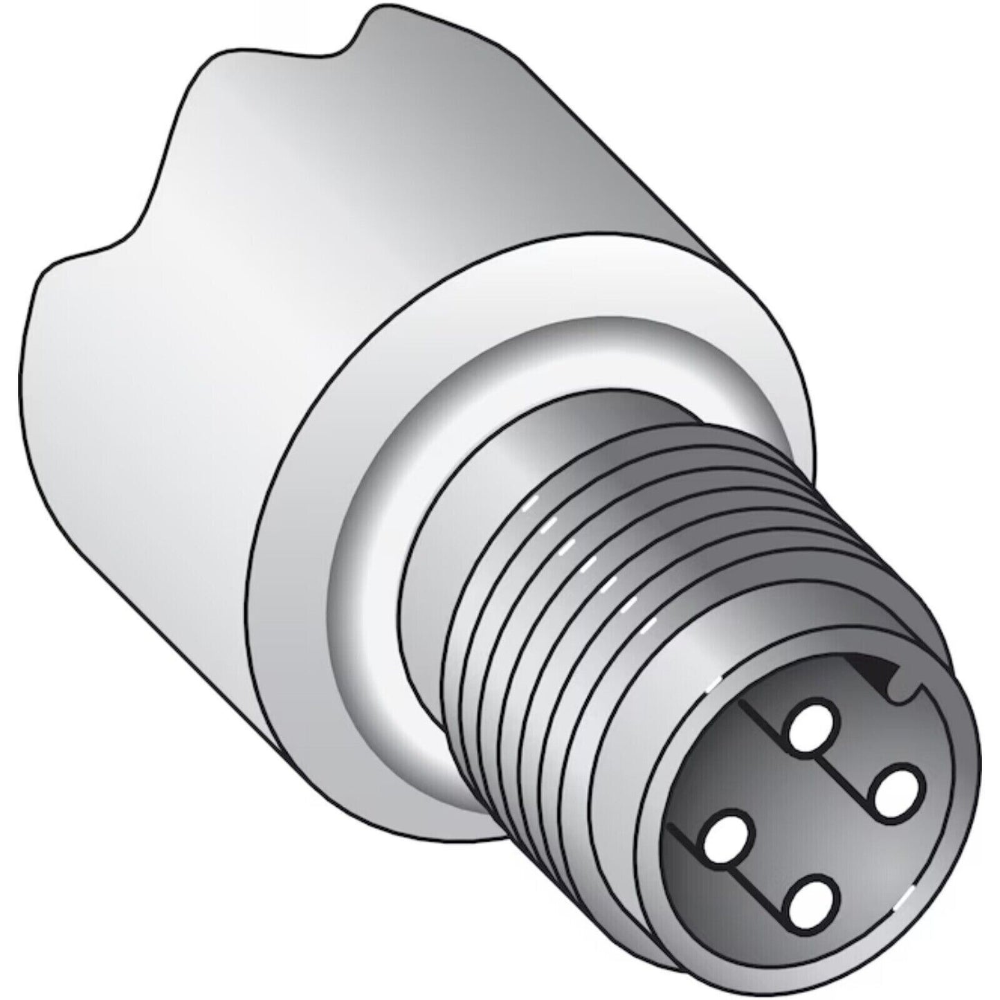 Photoelectric sensor connector, industrial automation part, four-pin connector, cylindrical, gray and white.