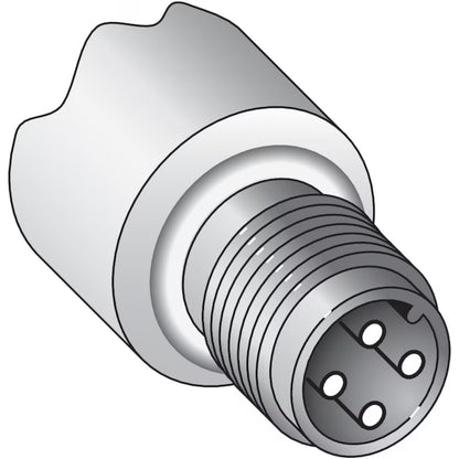 Photoelectric sensor connector, industrial automation part, four-pin connector, cylindrical, gray and white.