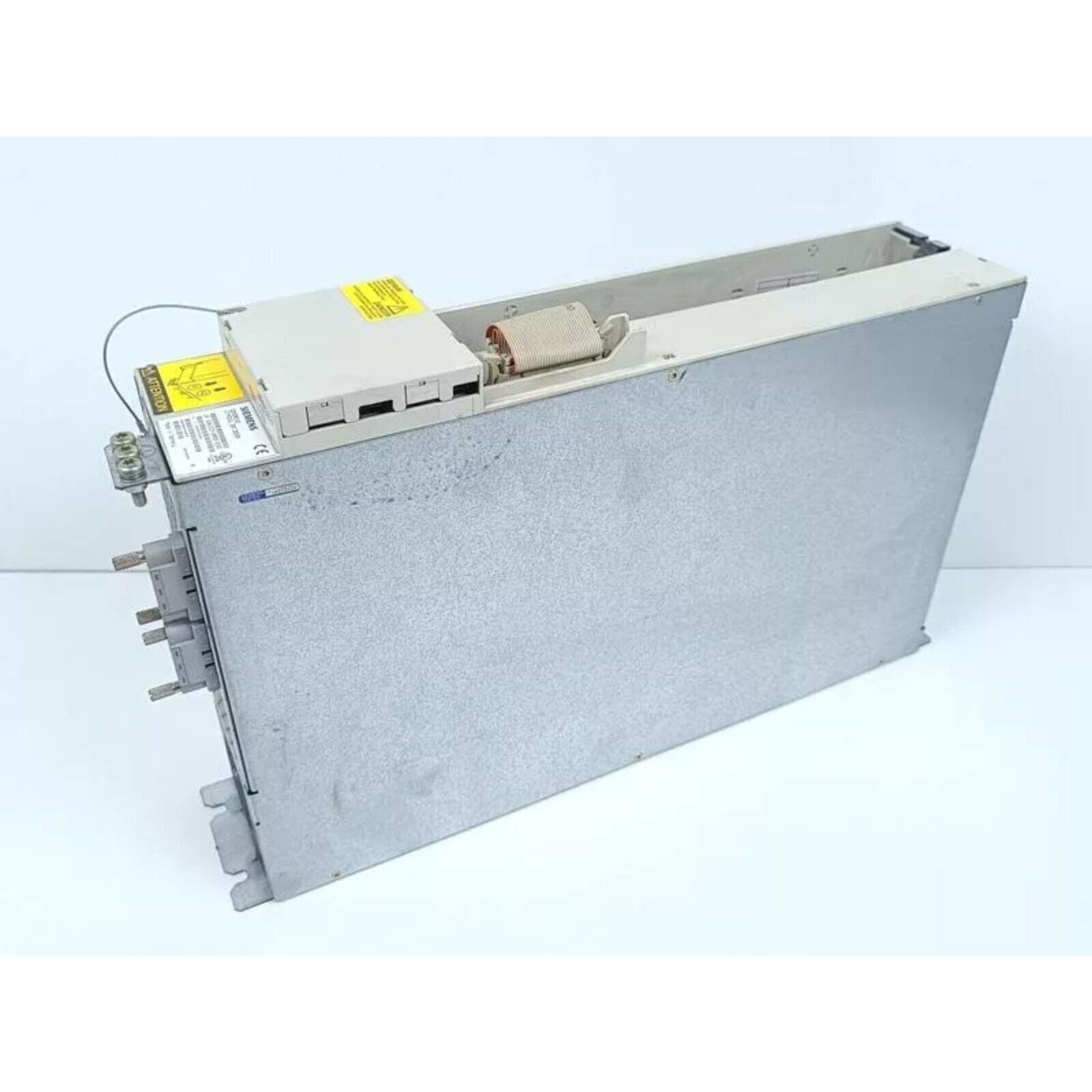 Siemens SIMODRIVE 611 Power Module, industrial automation component, front view with connectors, labeled. CE marked.